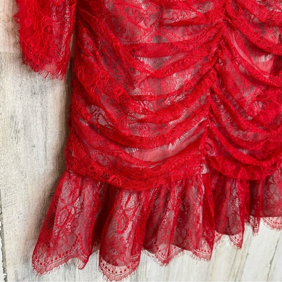 Elliatt Rose Red Ruched Lace Long Sleeve Mini Dress Size M Party Cocktail - Picture 7 of 13